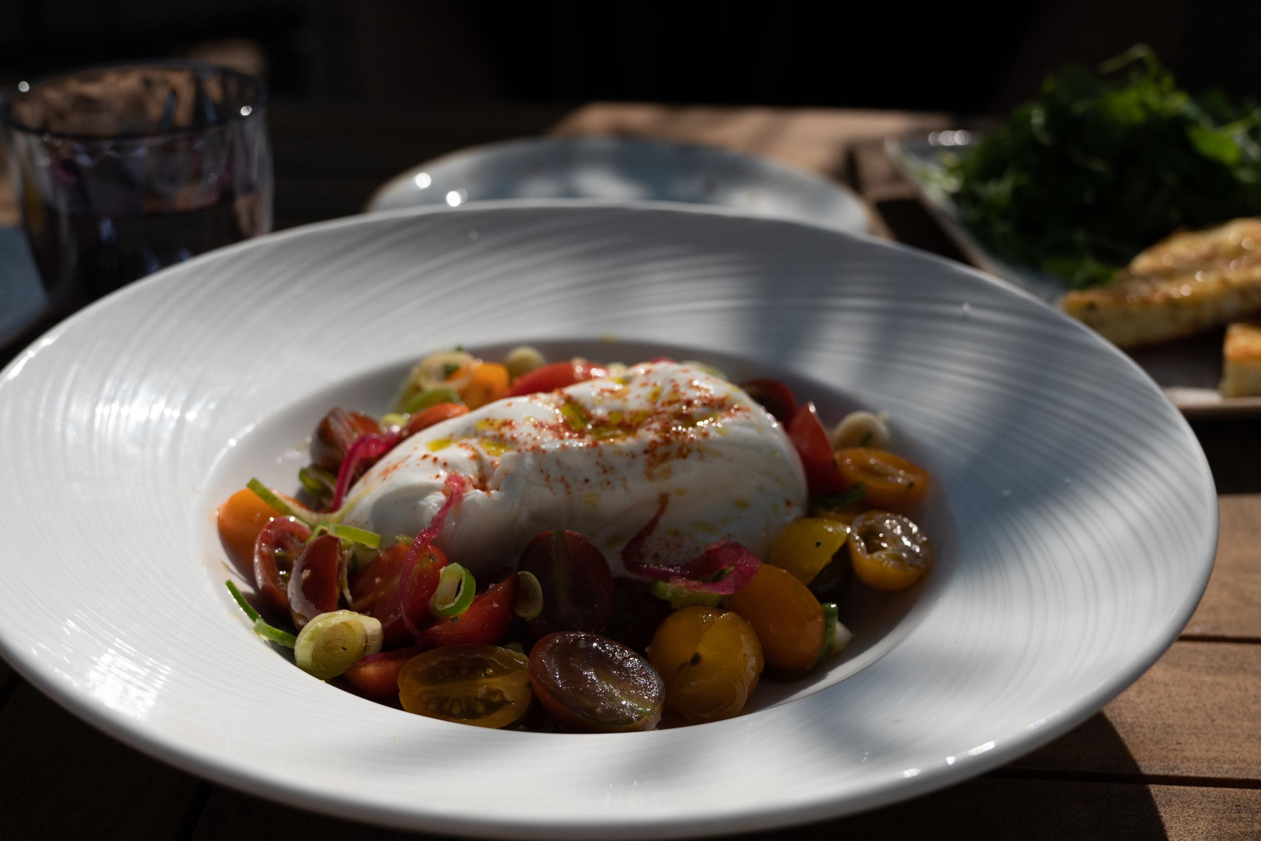 Les Roches Blanches: a plated dish with vegetables and seafood on a white plate at a coastal restaurant