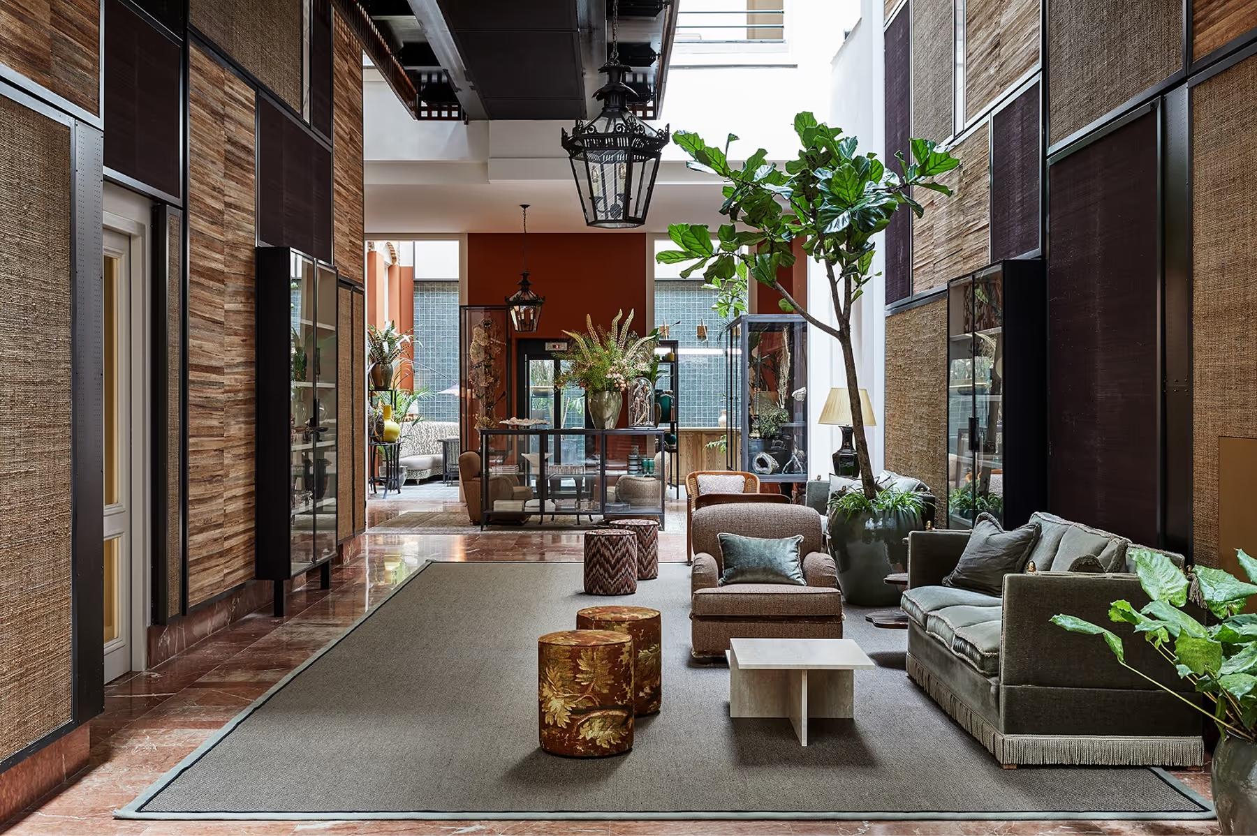 Hallway passage with potted plants and light-filled corridor