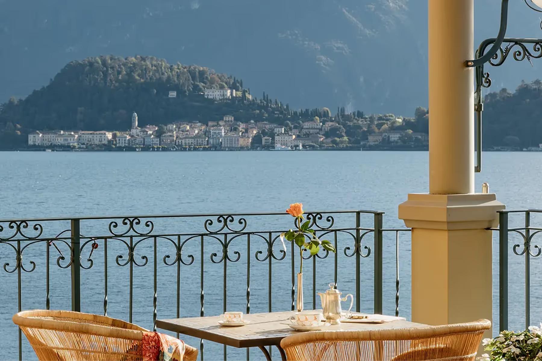 Lakeside table setting with mountains across the water