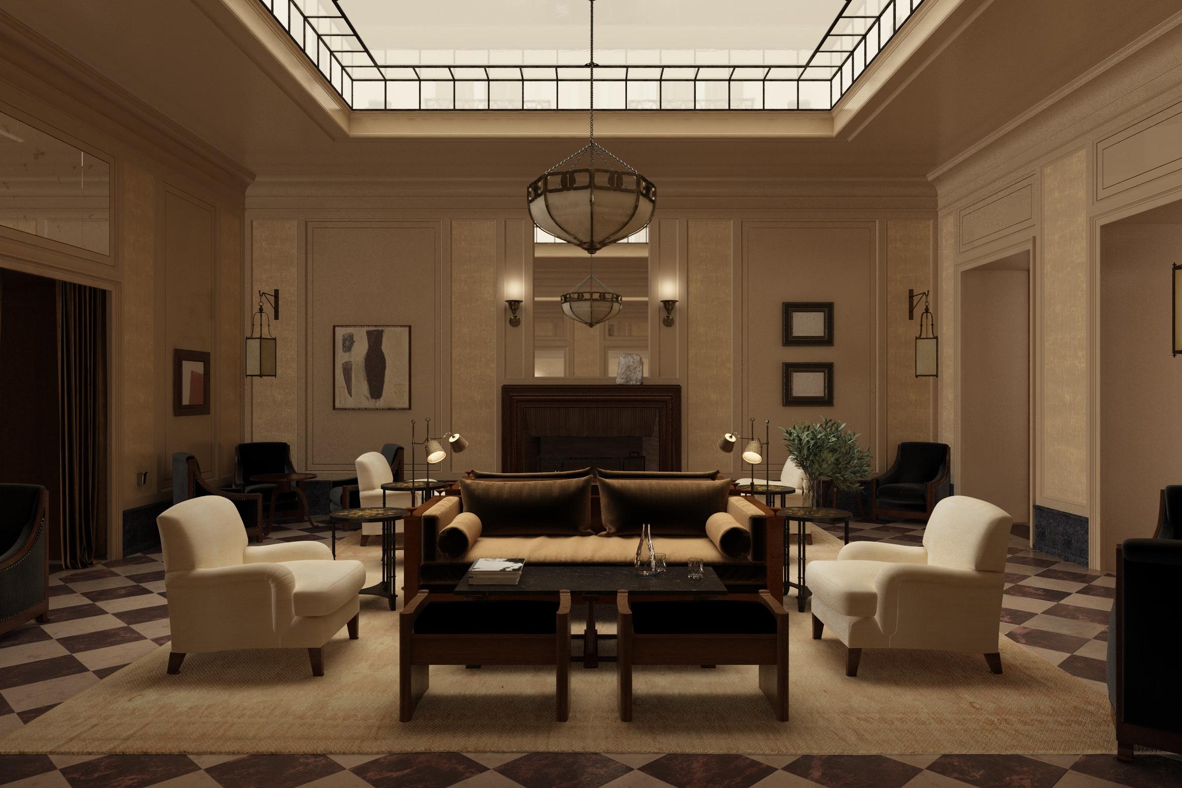 Hôtel Balzac: a grand drawing room with cream walls, black fireplace, and geometric ceiling