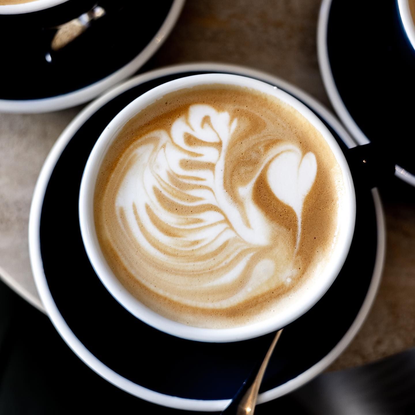 A latte with a swan poured in the foam, in a black cup and saucer at Boujou Coffee