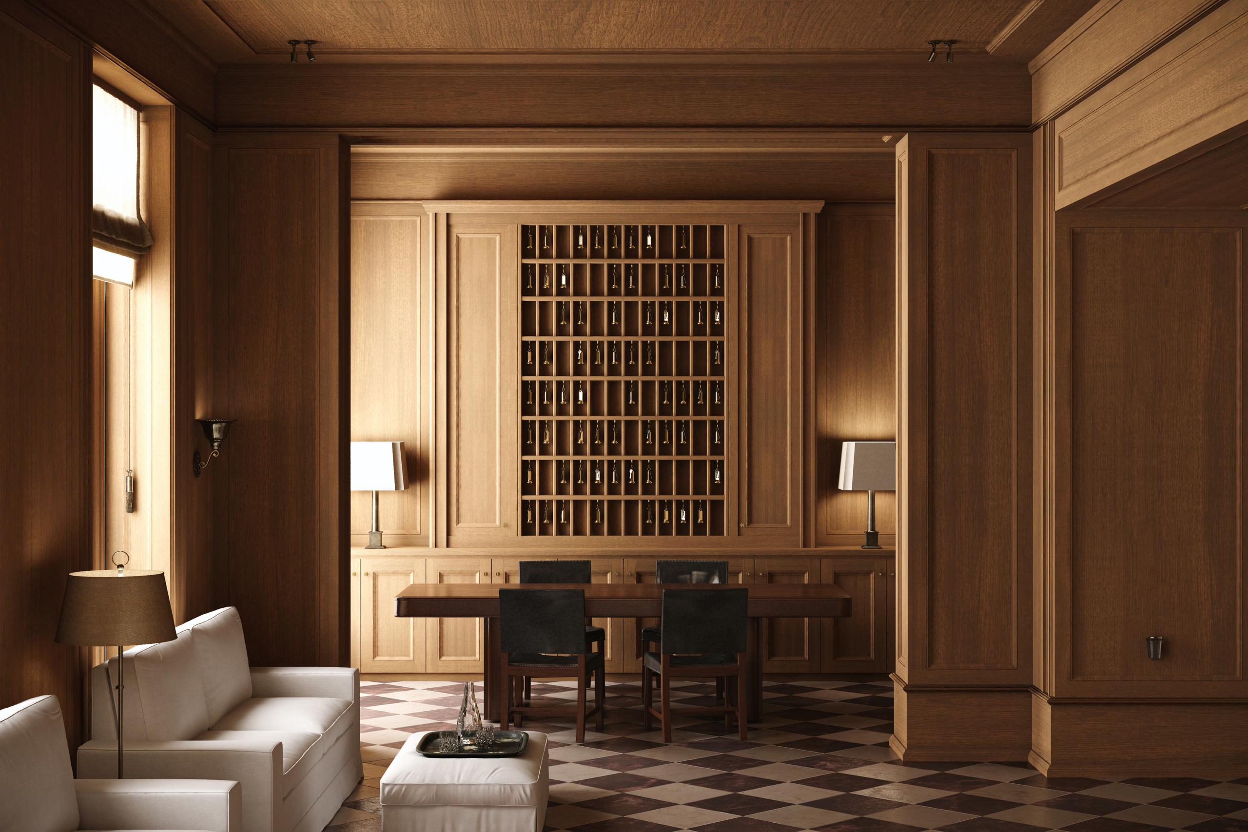 Hôtel Balzac: a wood-paneled entry hall with a black desk and modern art on the wall