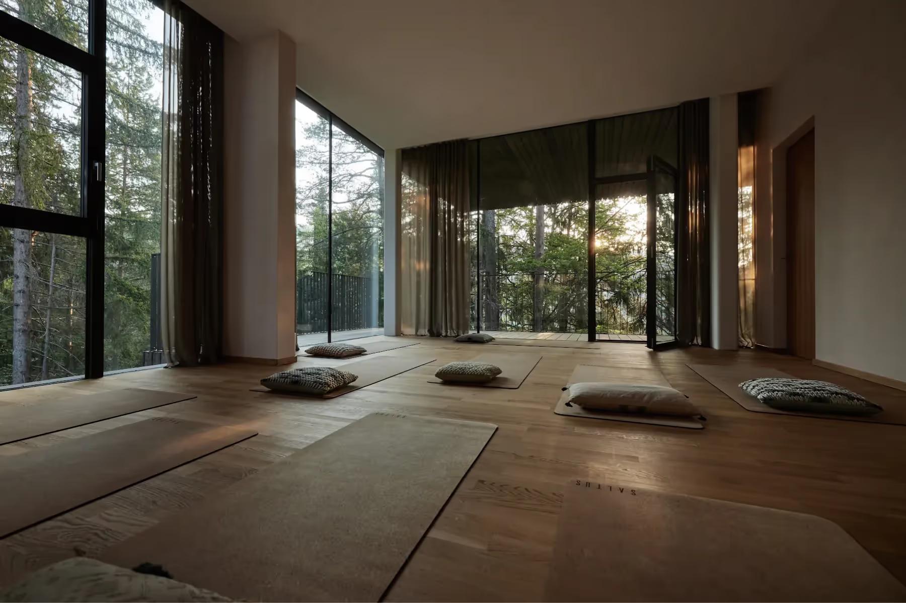 Hotel Saltus: yoga and meditation studio with wood floor, cushions, and forest views through windows