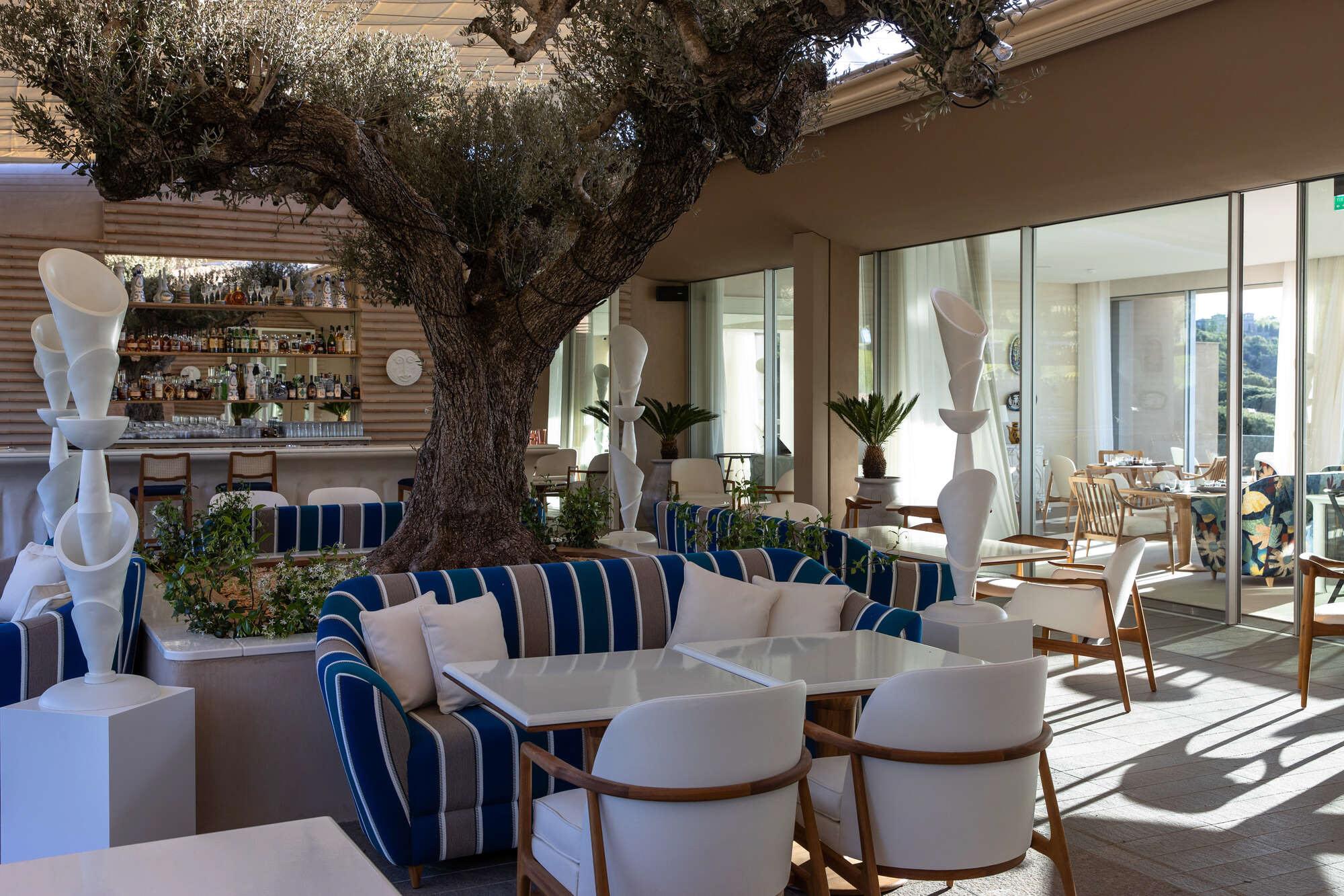 La Réserve Ramatuelle: dining room with ancient olive tree and blue-upholstered chairs