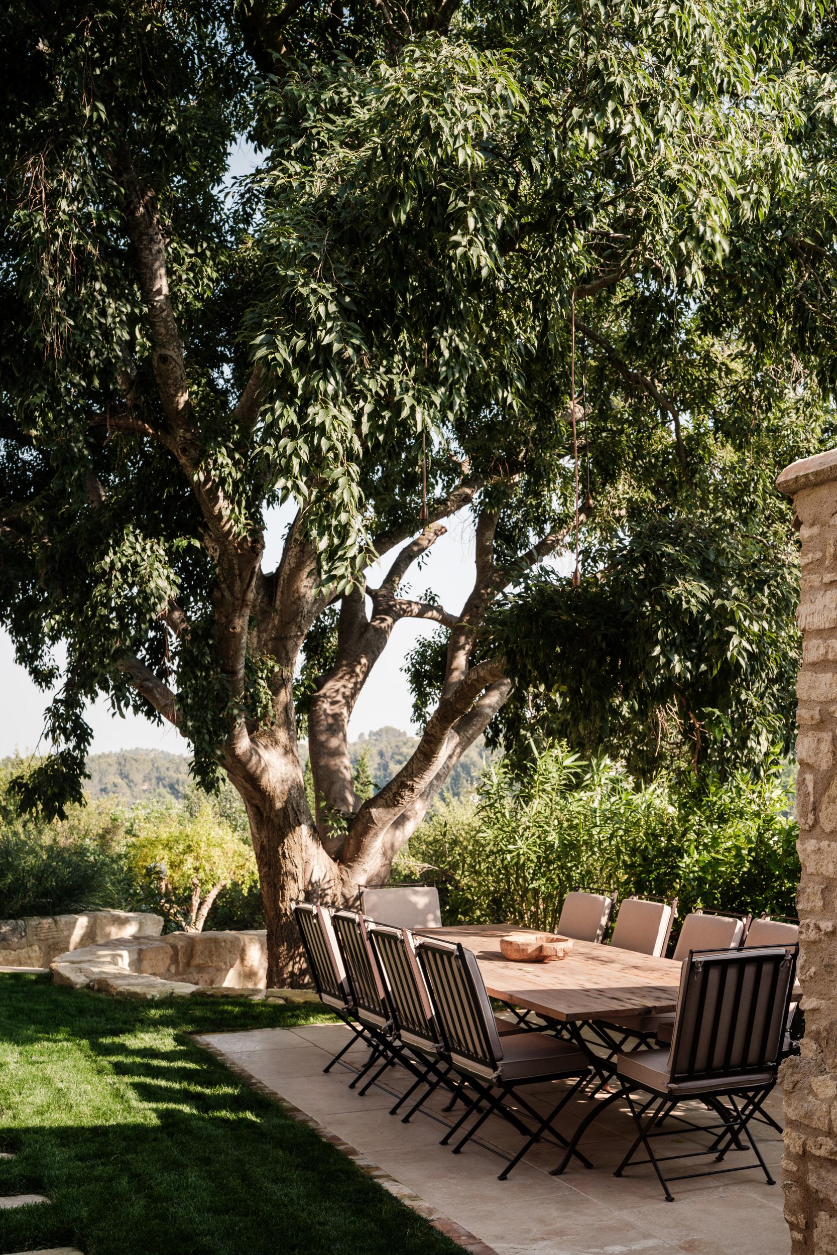 La Bergerie: outdoor dining beneath ancient tree, wooden table, pale loungers, cypress, limestone cliffs, verdant lawn