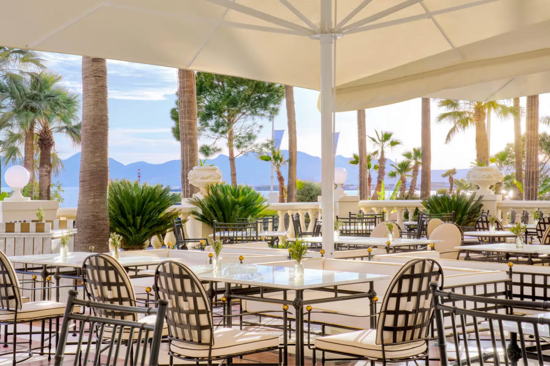 Carlton Cannes: terrace restaurant under white umbrellas with woven dining chairs and Mediterranean views