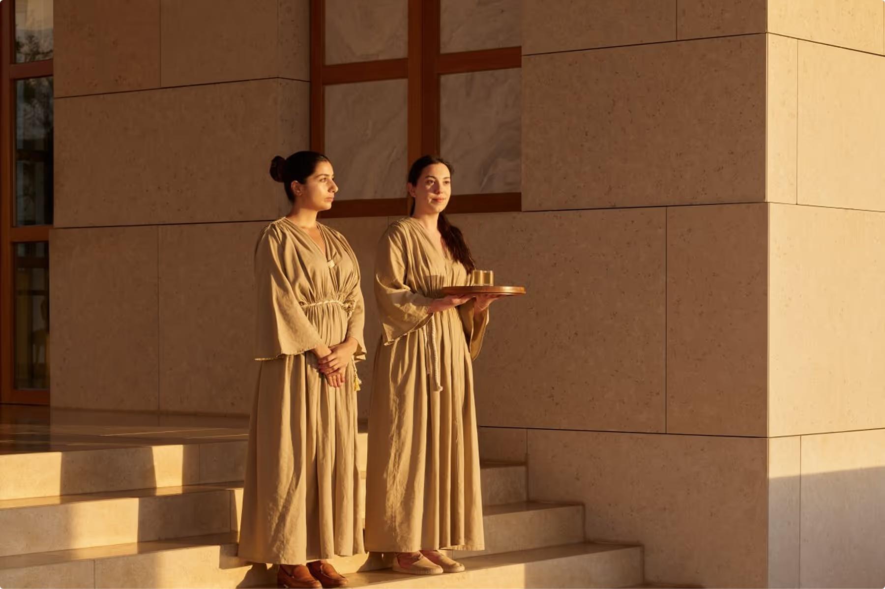 Amanzoe: spa therapists in neutral-toned robes in a sunlit corridor
