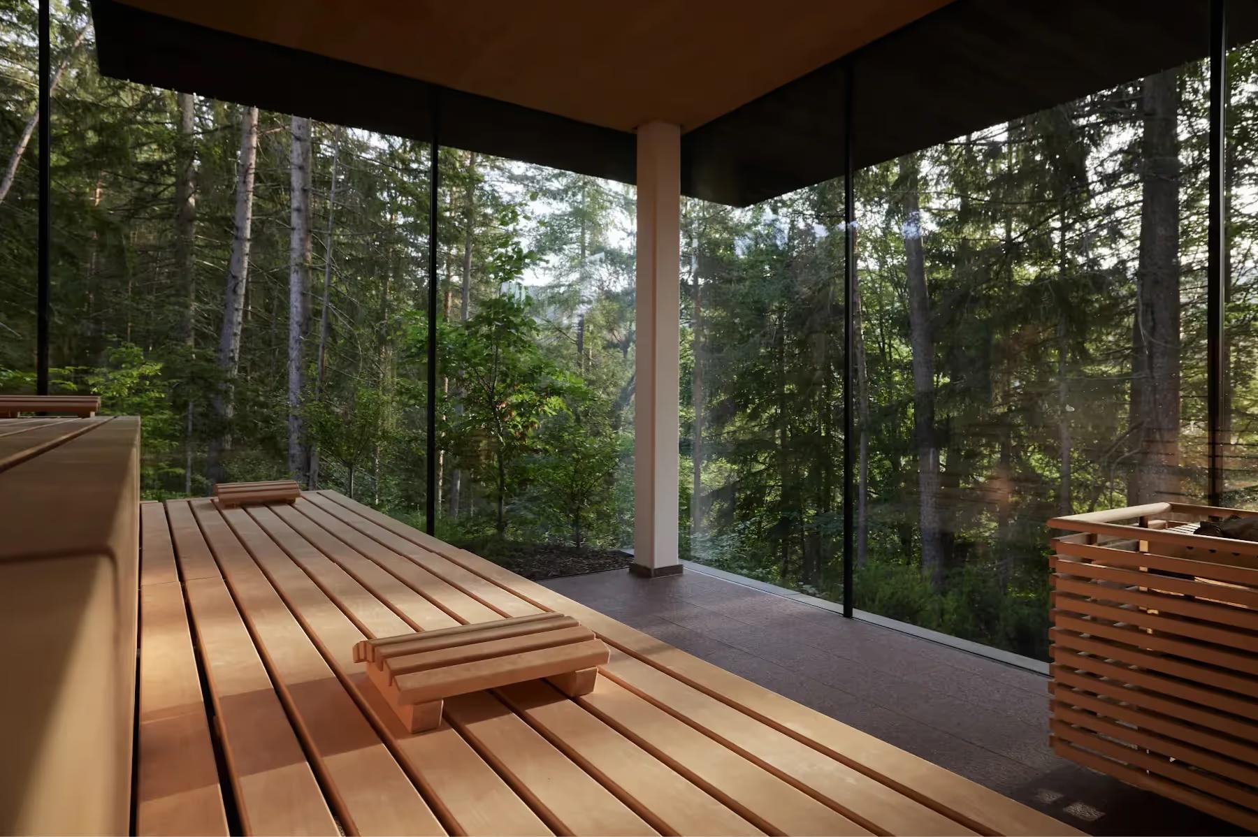 Hotel Saltus: wooden deck terrace with benches under a covered structure overlooking dense forest