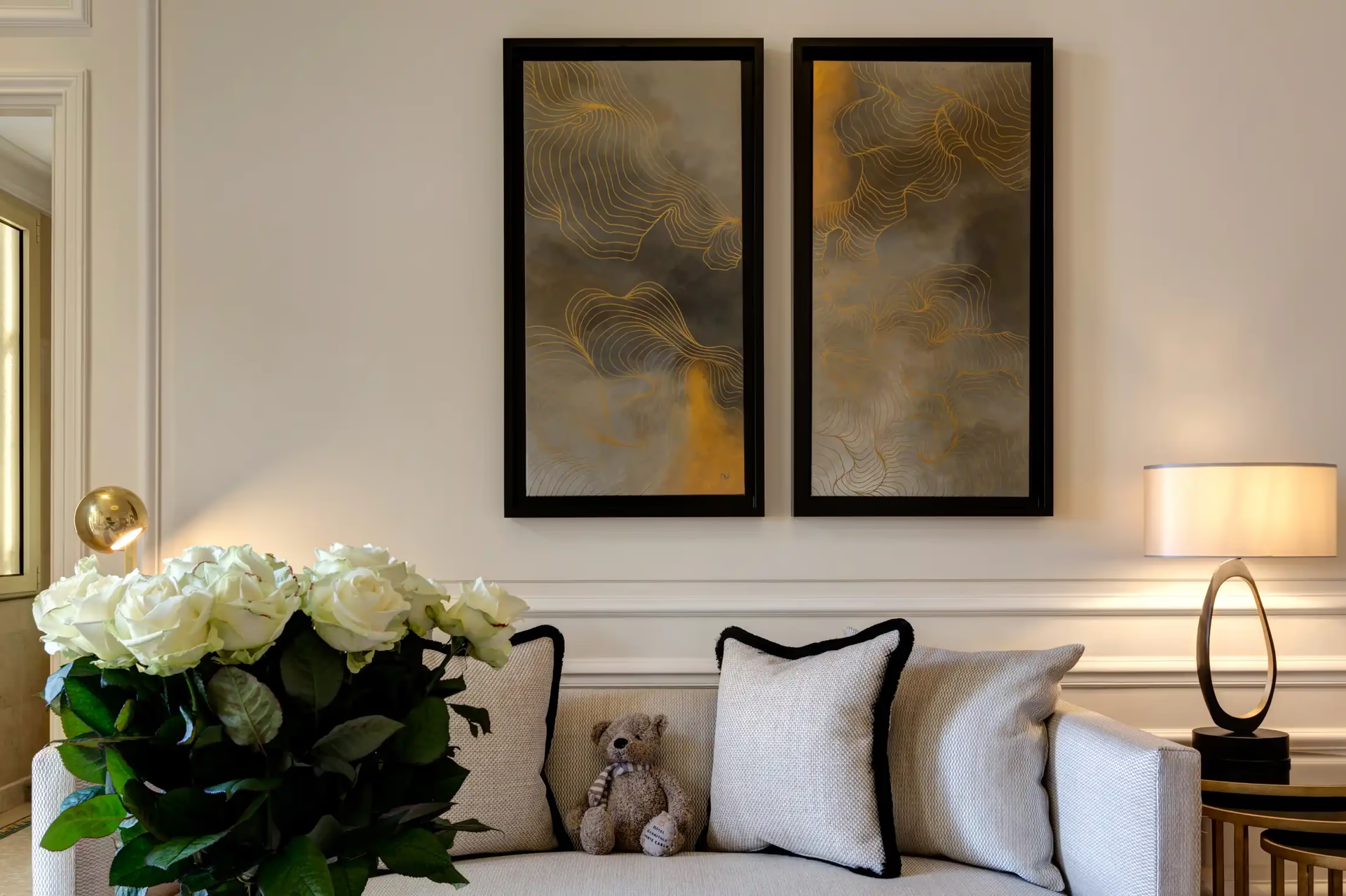 Hôtel Hermitage Monte-Carlo: neutral tone sitting room with white sofa, artwork and sea-view windows