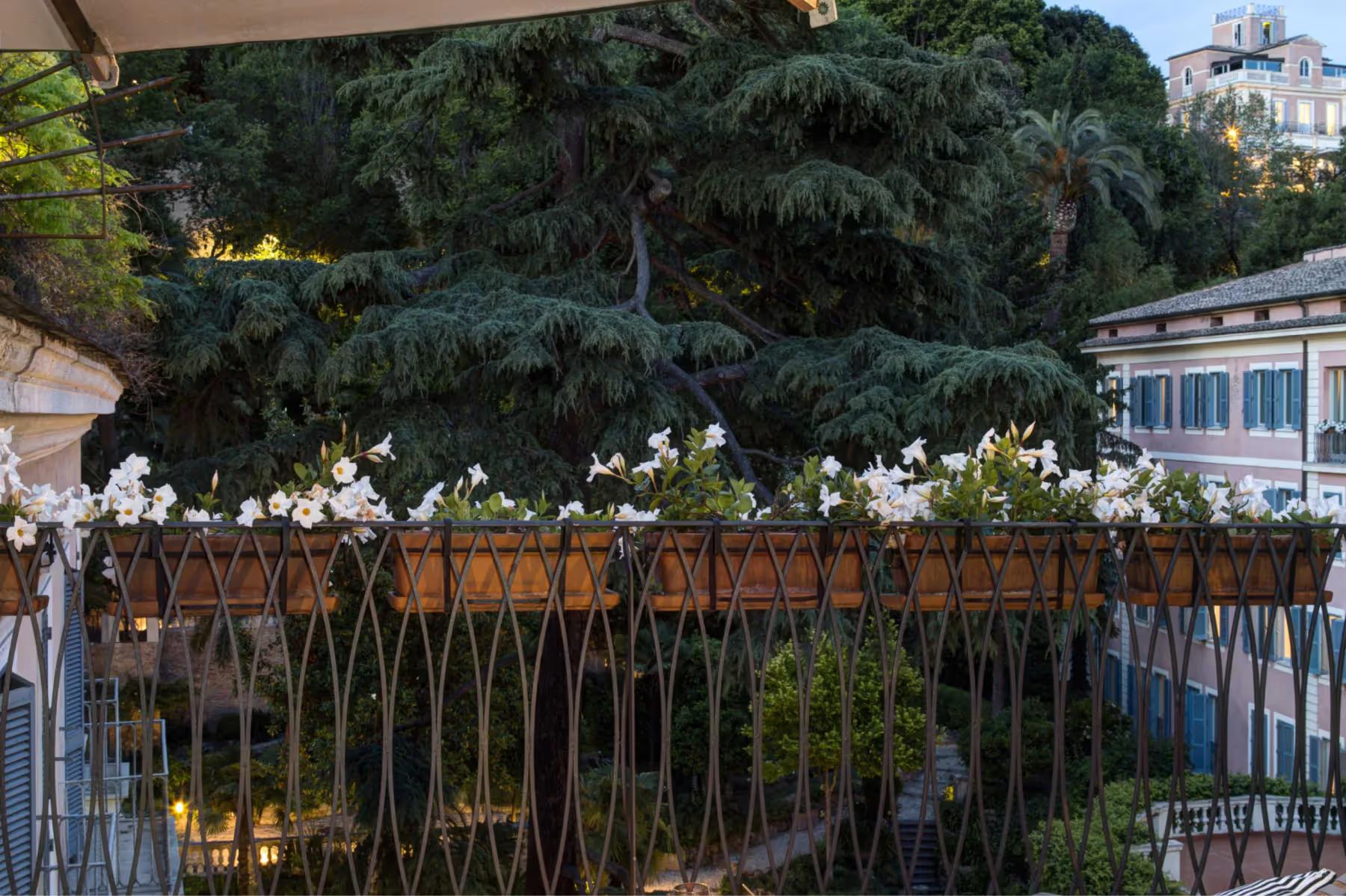 Hotel de Russie: rooftop terrace with garden planters and city buildings beyond