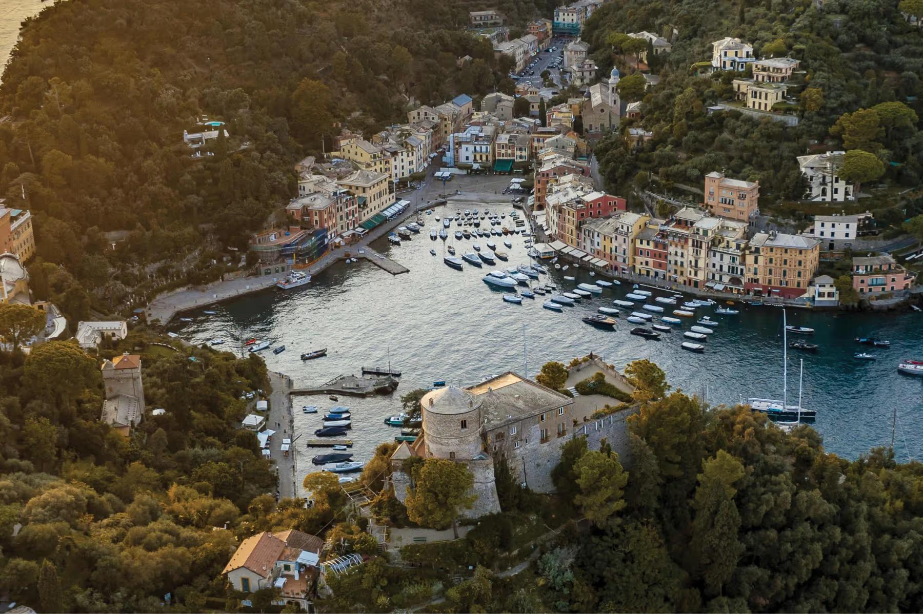 Aerial view of Portofino harbor with colorful buildings and boats