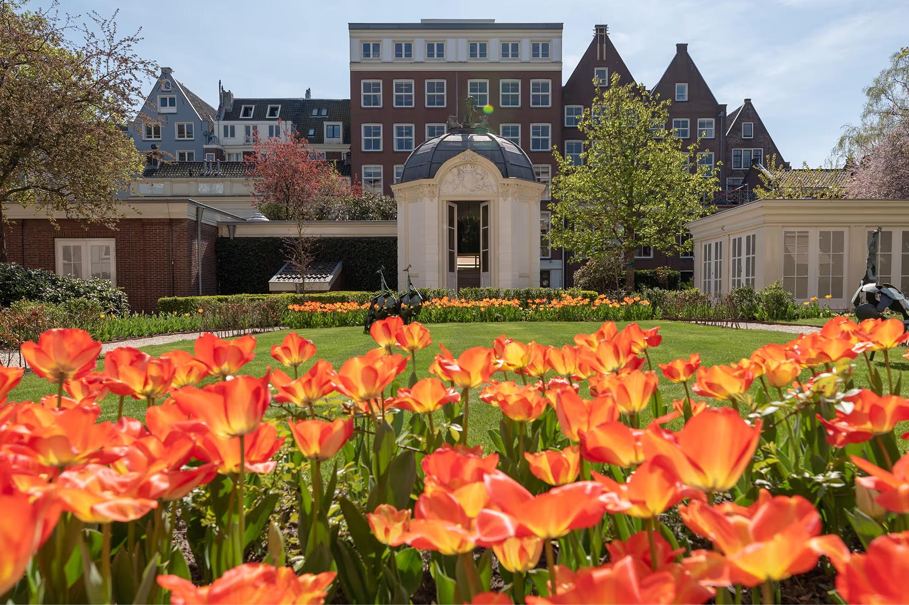 Waldorf Astoria Amsterdam: a private garden with red and orange tulips in full bloom beneath the palace facades and spring foliage