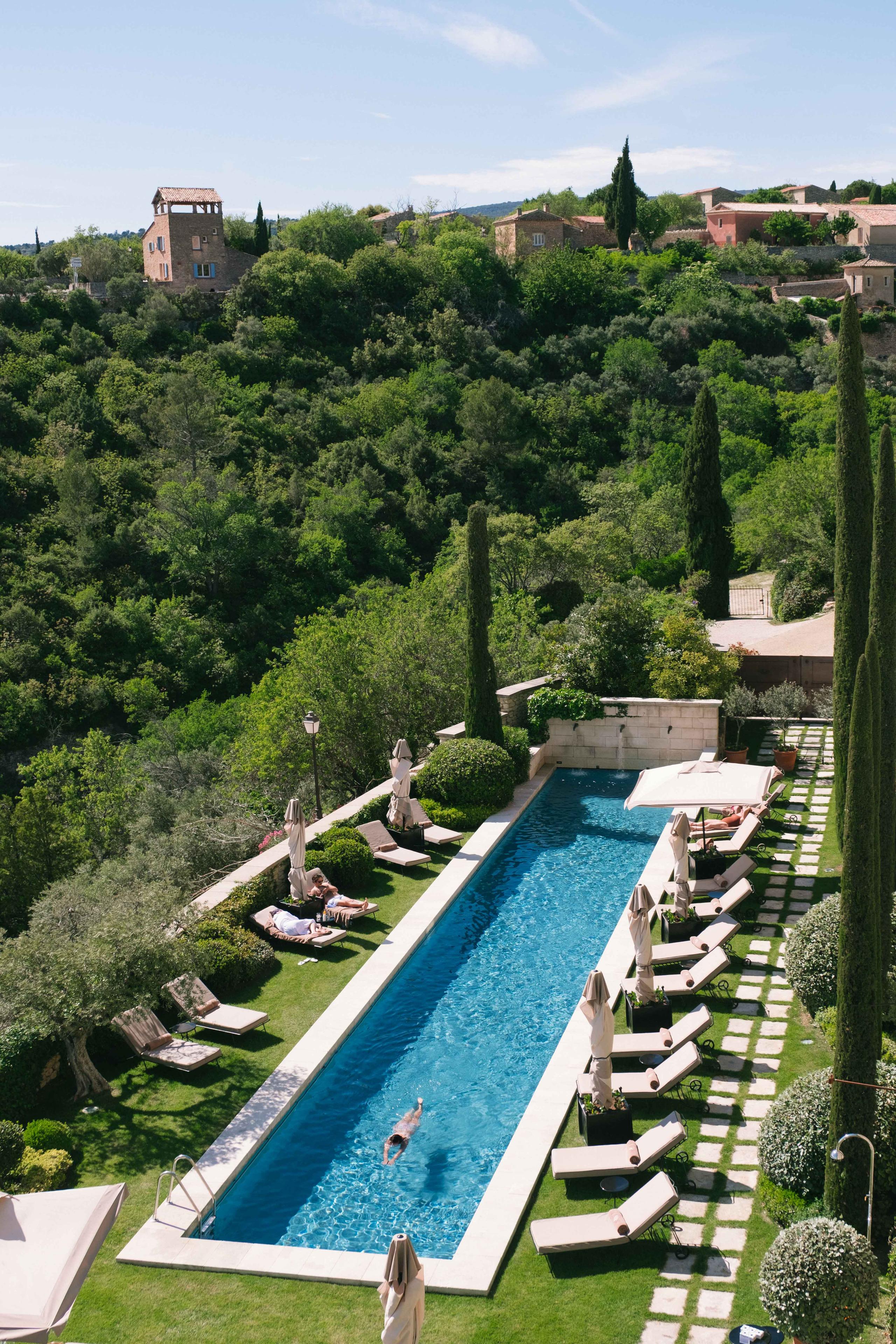 The cliffside pool and terraced gardens at La Bastide de Gordes