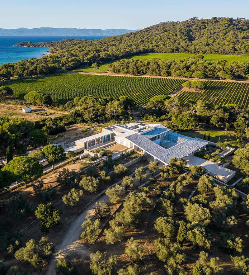 Aerial view of the Fondation Carmignac estate above the sea
