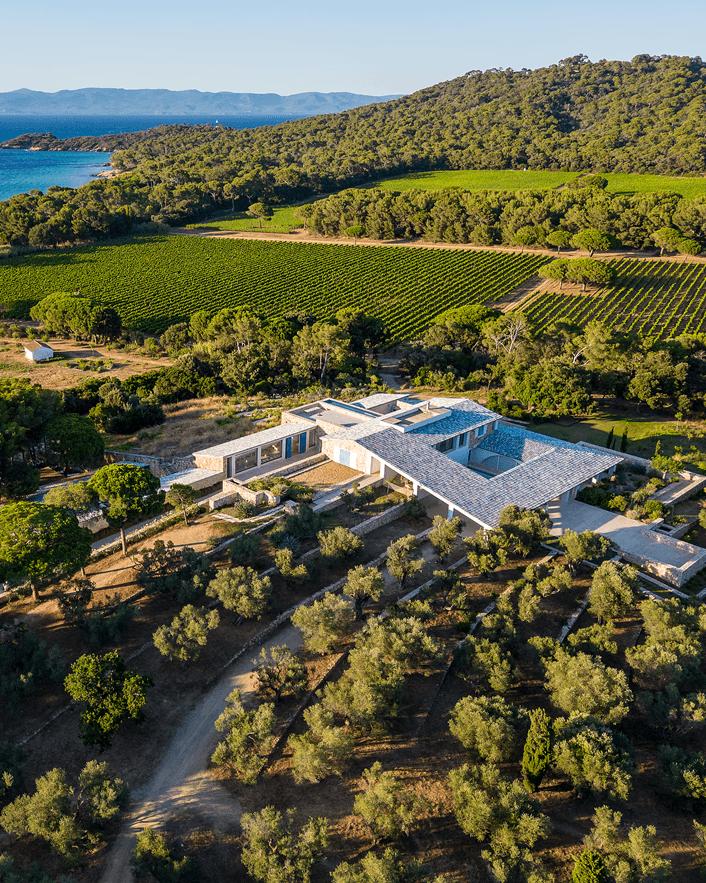Aerial view of the Fondation Carmignac estate above the sea