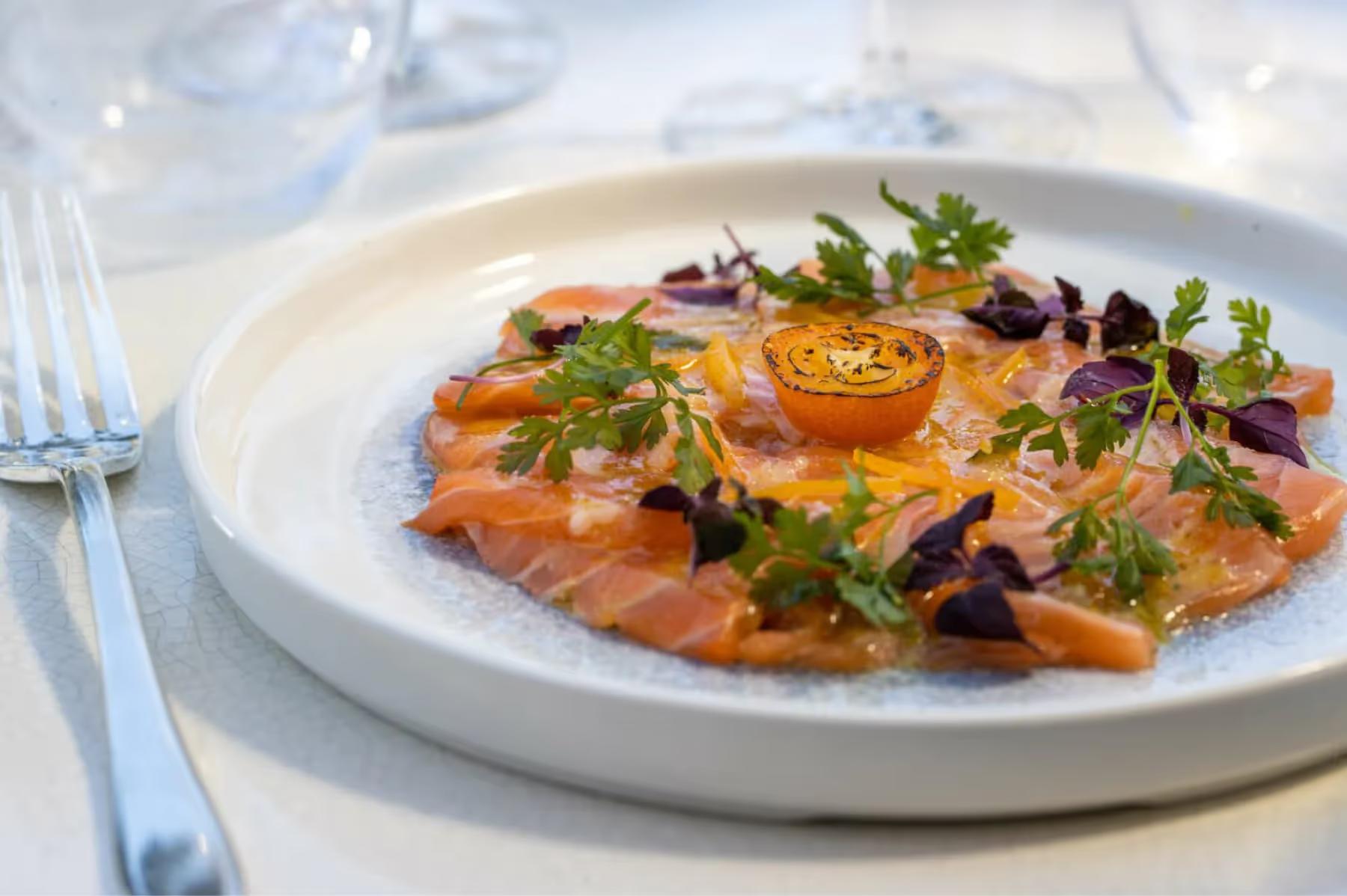Plated dish with coral-colored ceviche and microgreens