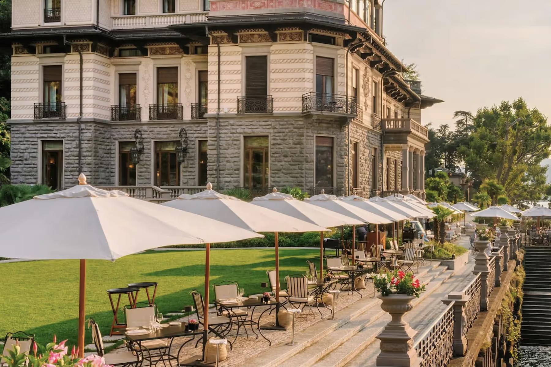 Mandarin Oriental, Lake Como: outdoor pavilion with columns framing terrace seating and mountains beyond