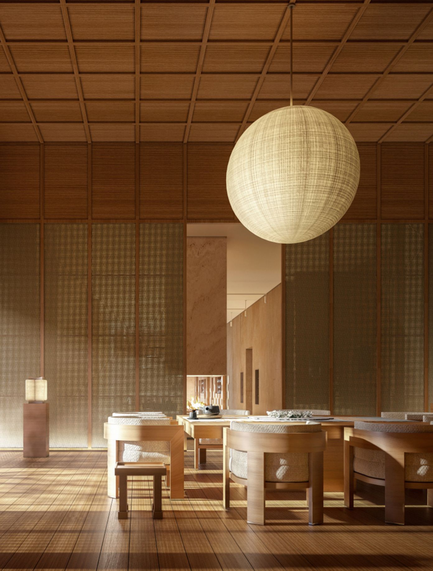 A Japanese dining room with a paper lantern and timber ceiling in Niseko