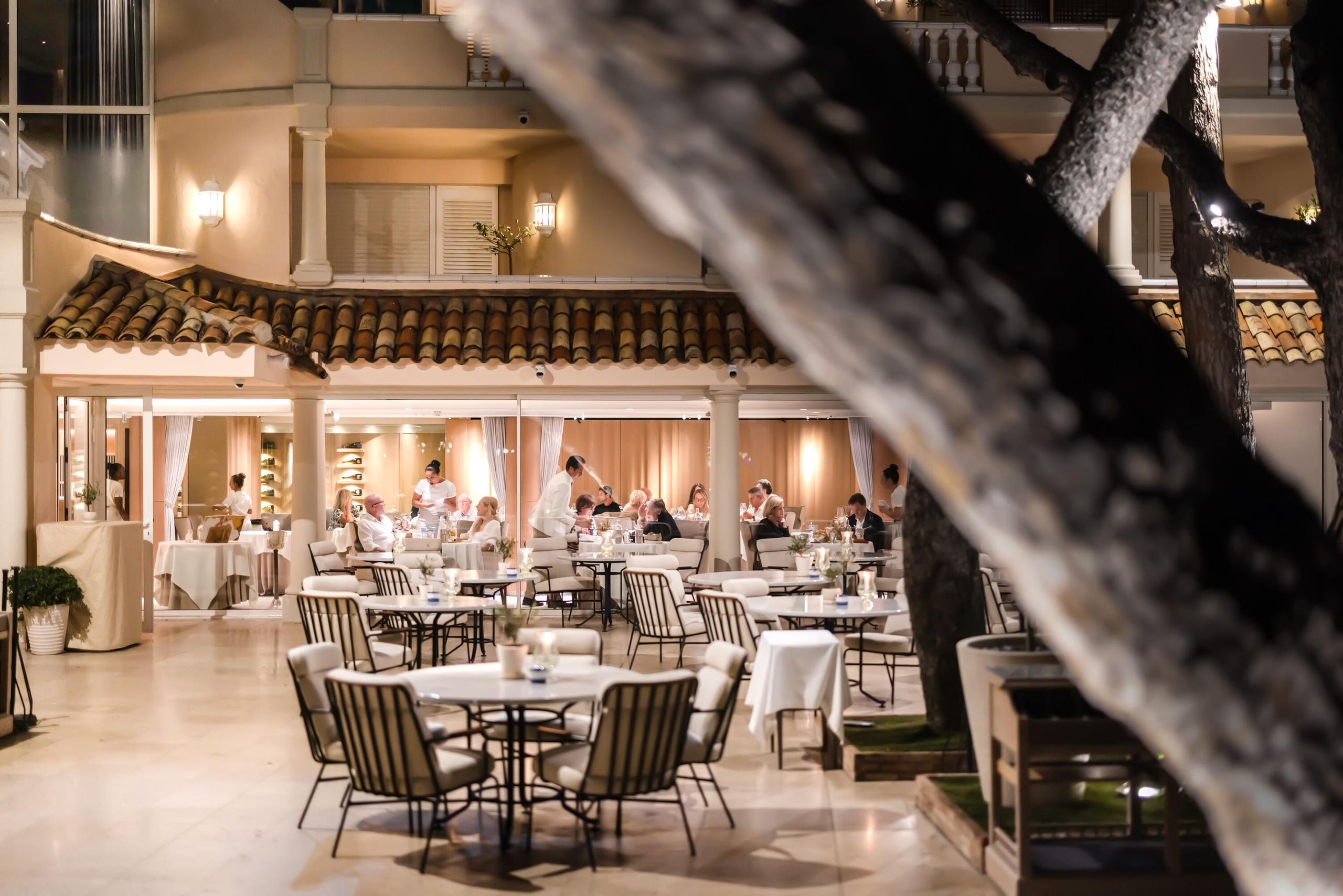 Cheval Blanc St-Tropez: dining room interior viewed through tree branch at dusk