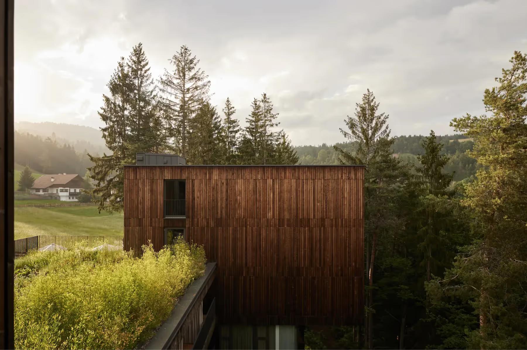 Dark wood building with windows set on hillside overlooking pastoral valley landscape
