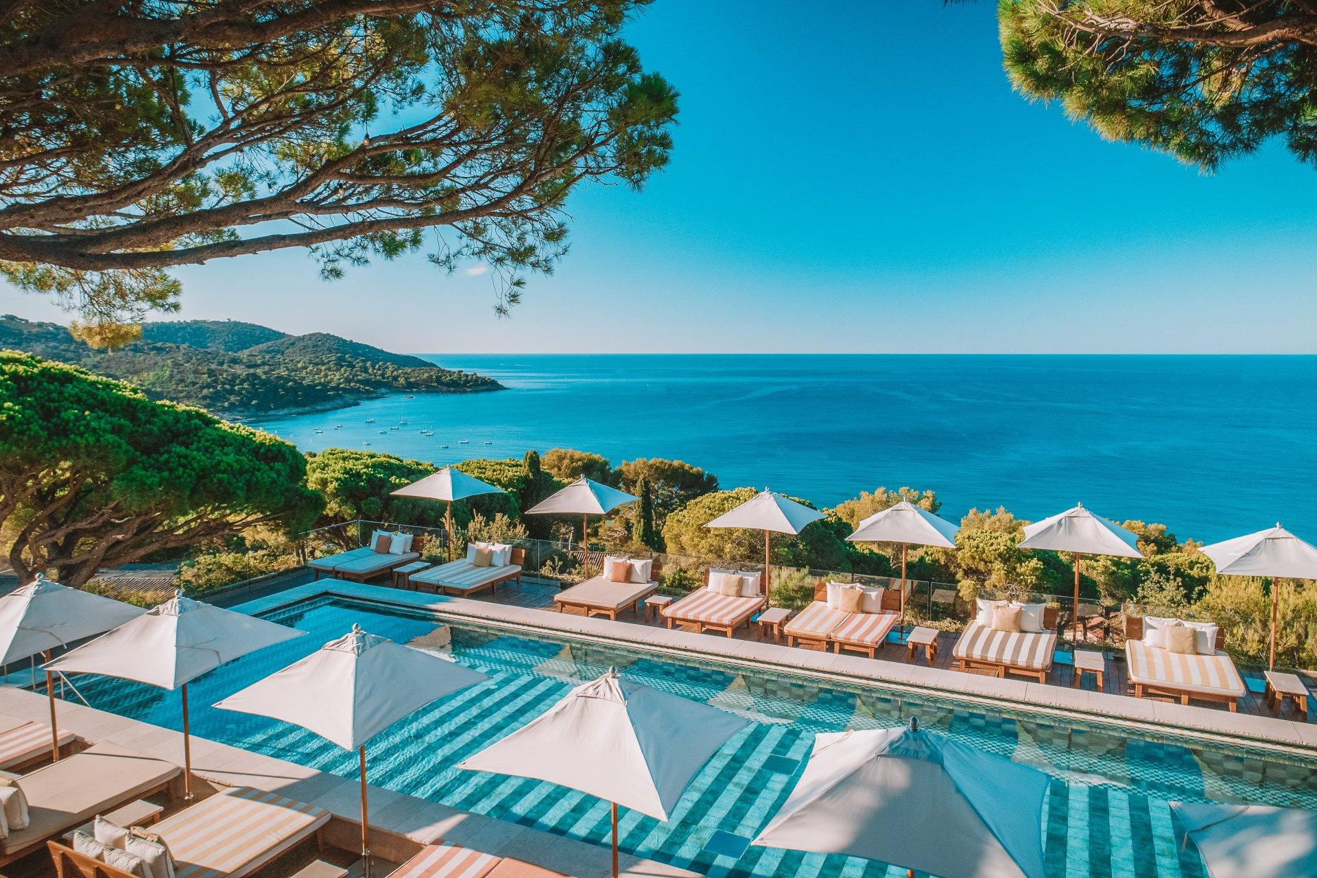 Lily of the Valley: pool deck with umbrellas and lounge chairs framed by pine trees