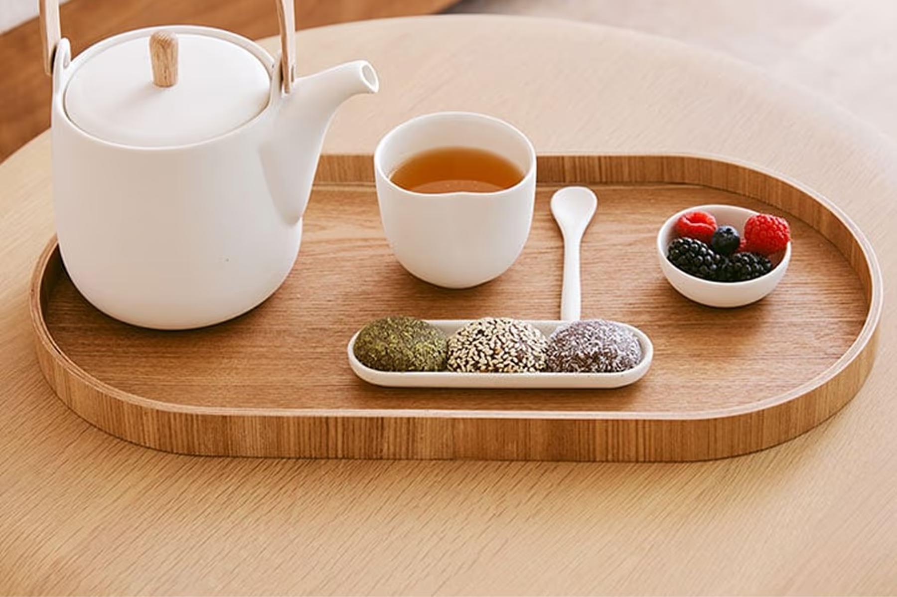 Maybourne Riviera: spa tea service on wooden tray with white teapot