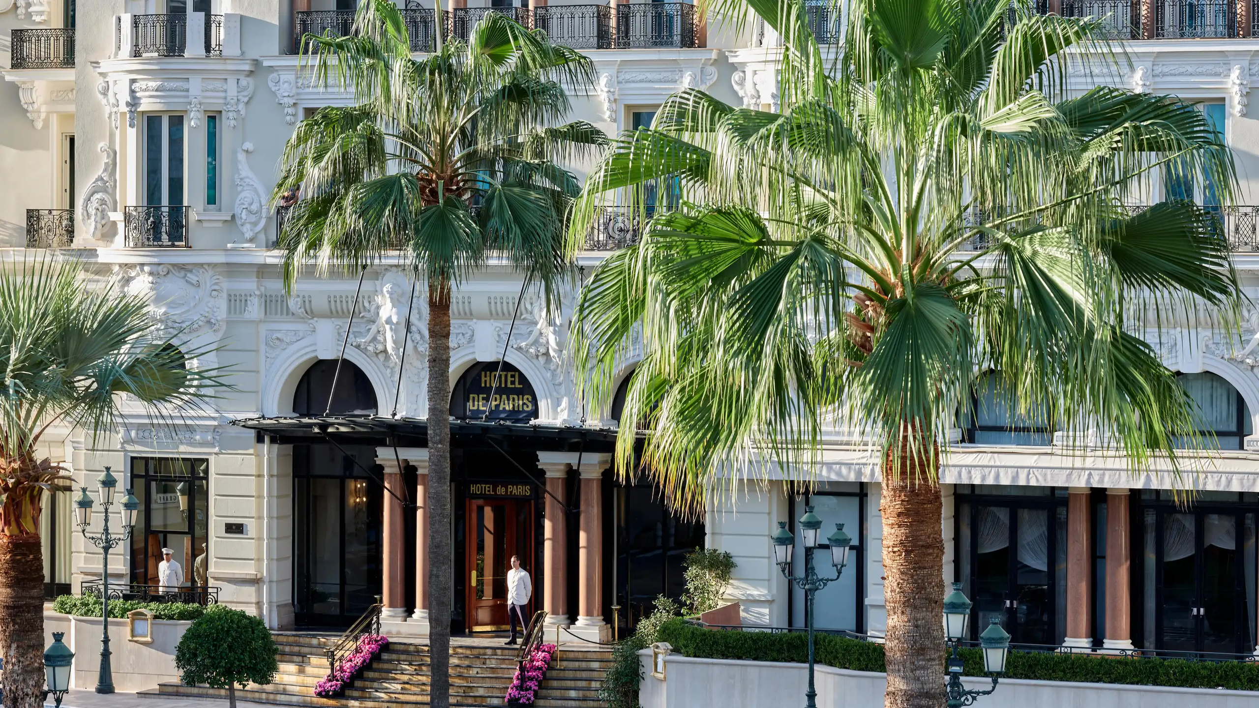 Ground floor entrance with cream columns and palm tree planters