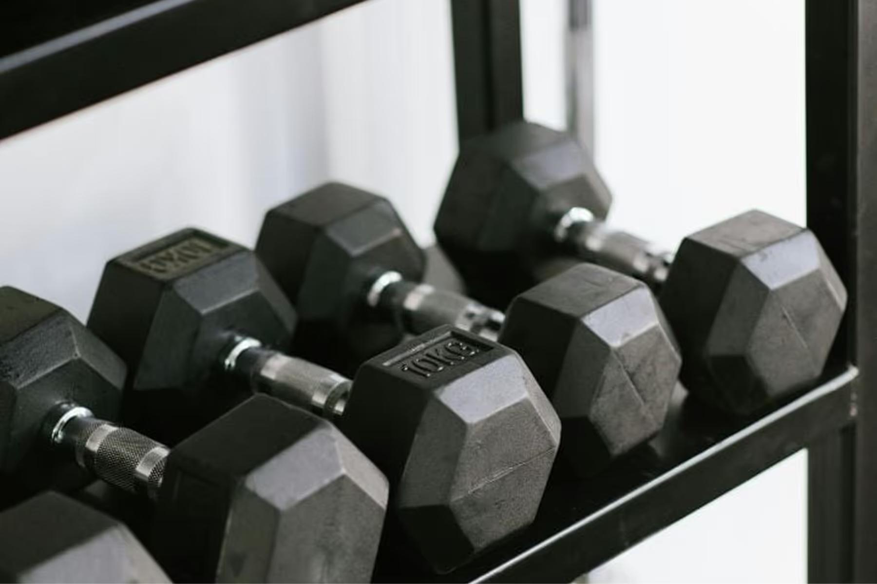 Fitness center with free weights on rack