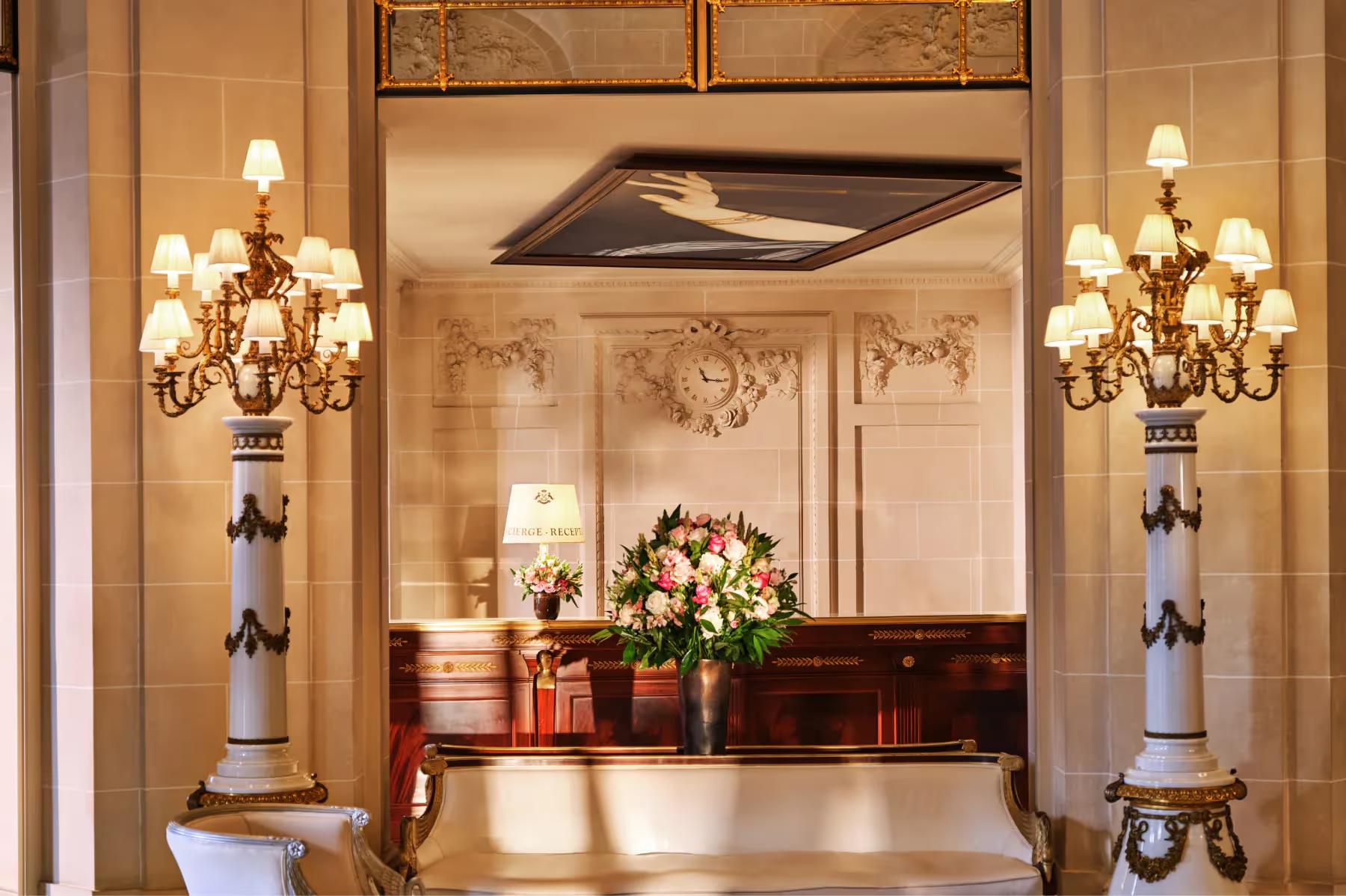 Le Meurice: the hotel exterior seen across the Tuileries gardens, showing the cream-colored Beaux-Arts facade