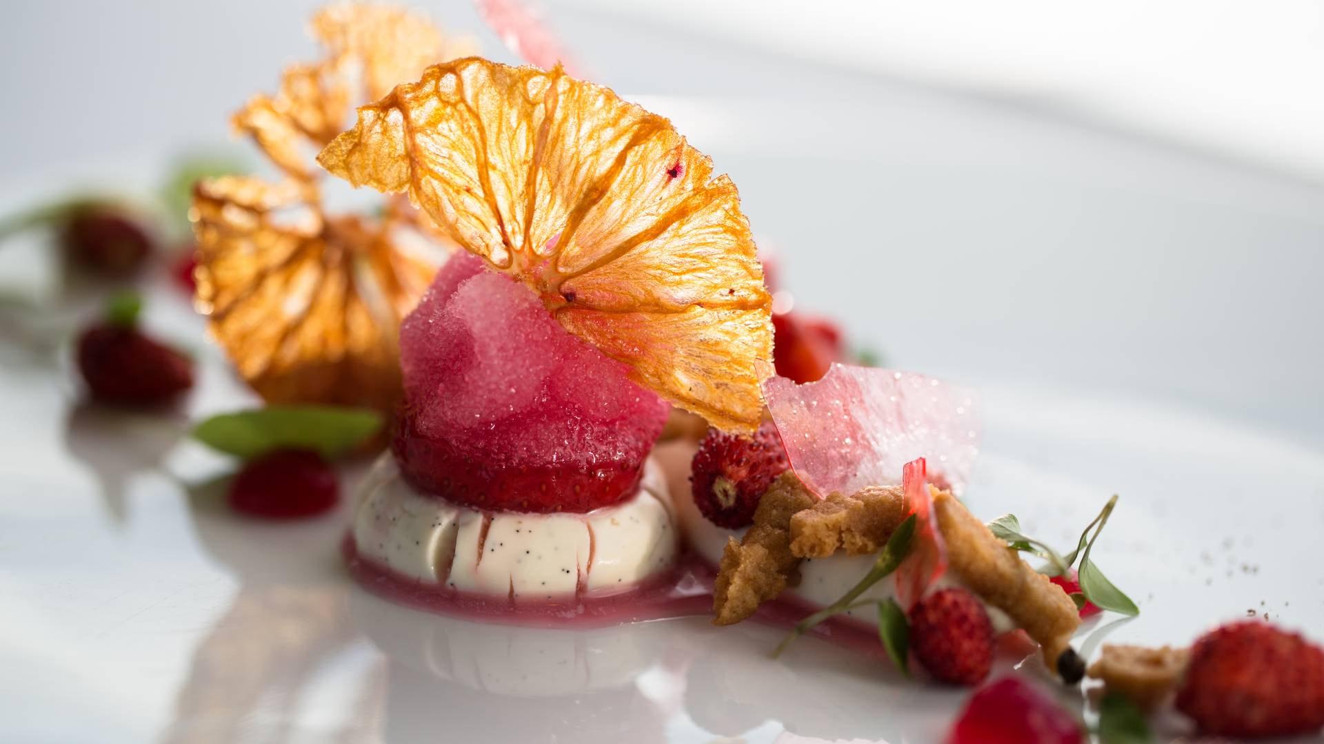 La Réserve Ramatuelle: plated dessert with crystallized citrus and berry garnish
