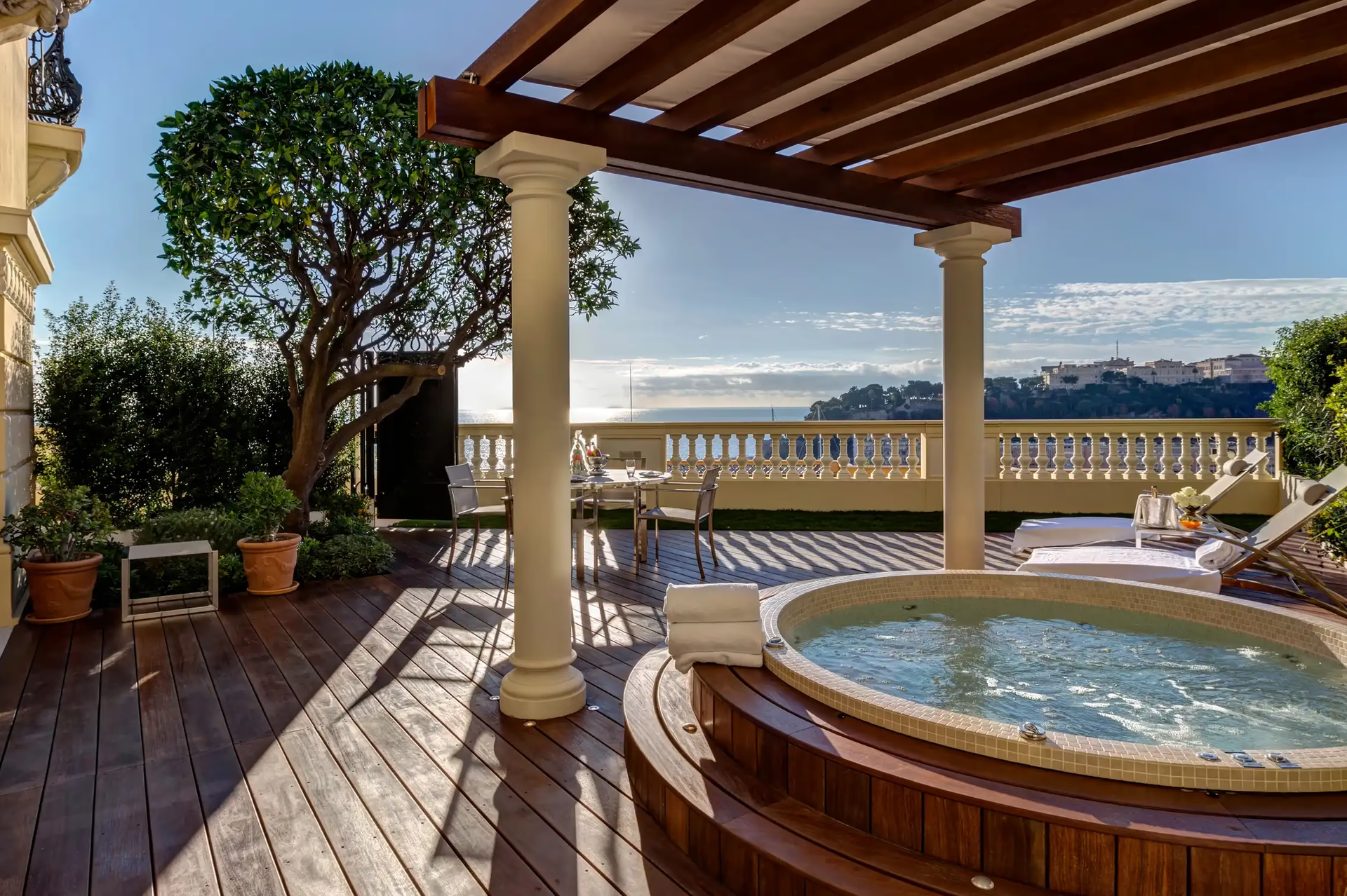 Hôtel Hermitage Monte-Carlo: rooftop terrace lounge with soaking tub, sea views and olive trees