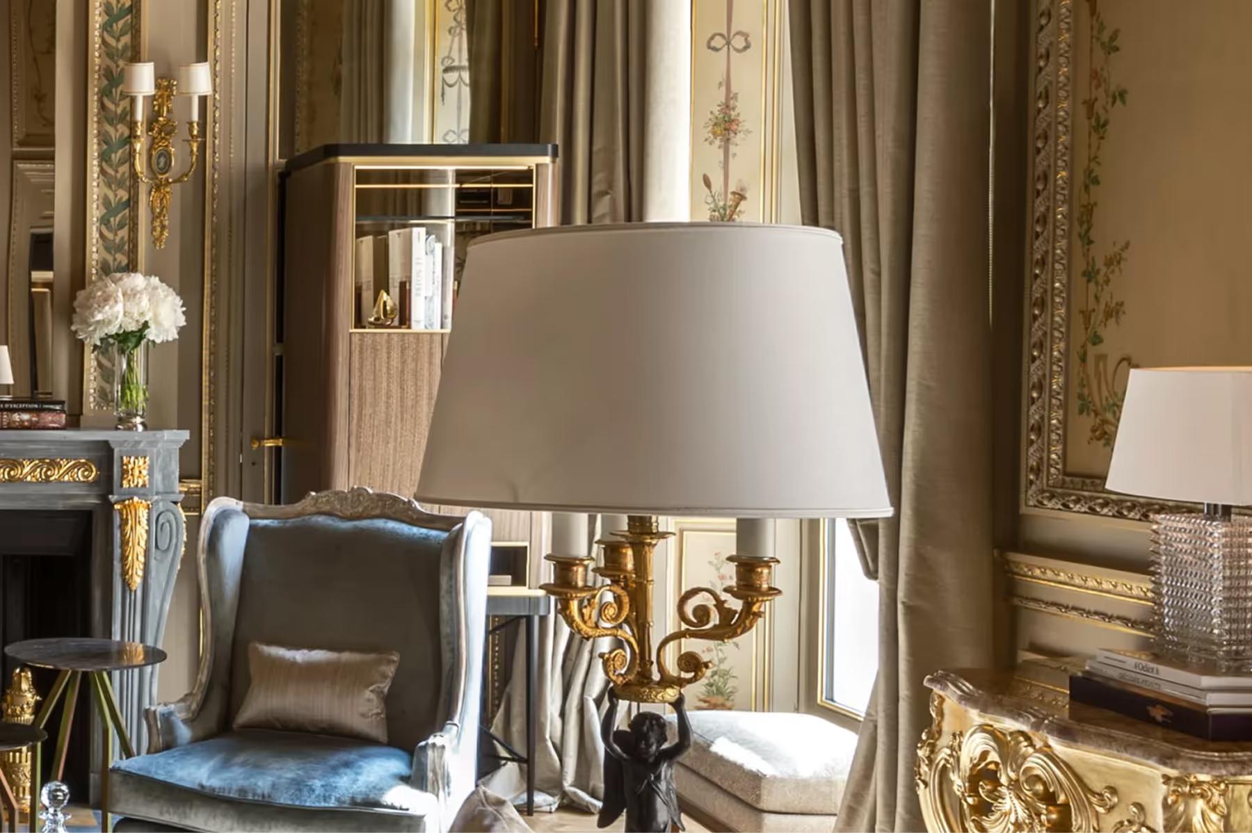 Hôtel de Crillon: bedroom with floor-to-ceiling curtains, doorway to adjacent room, and period furnishings