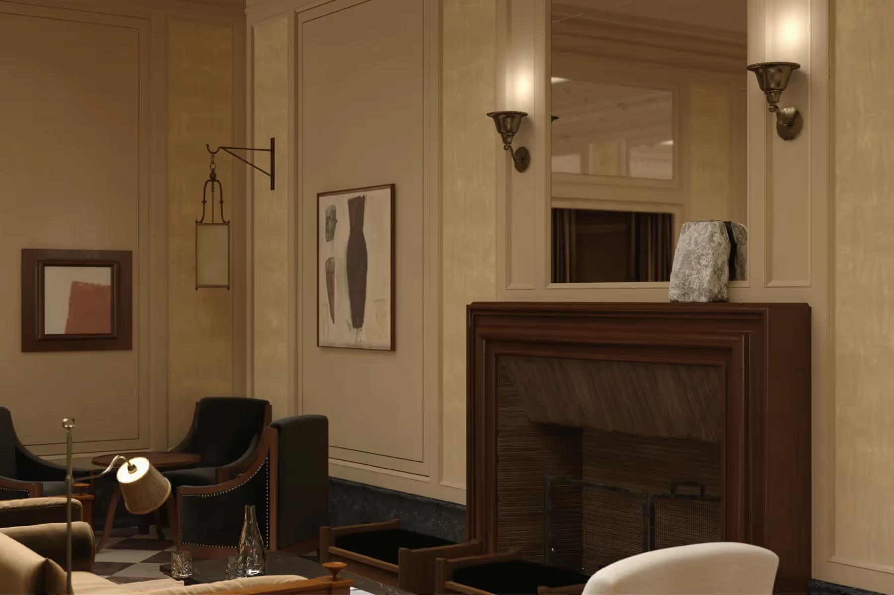 A sitting room with wood paneling, pale furniture, and warm background lighting