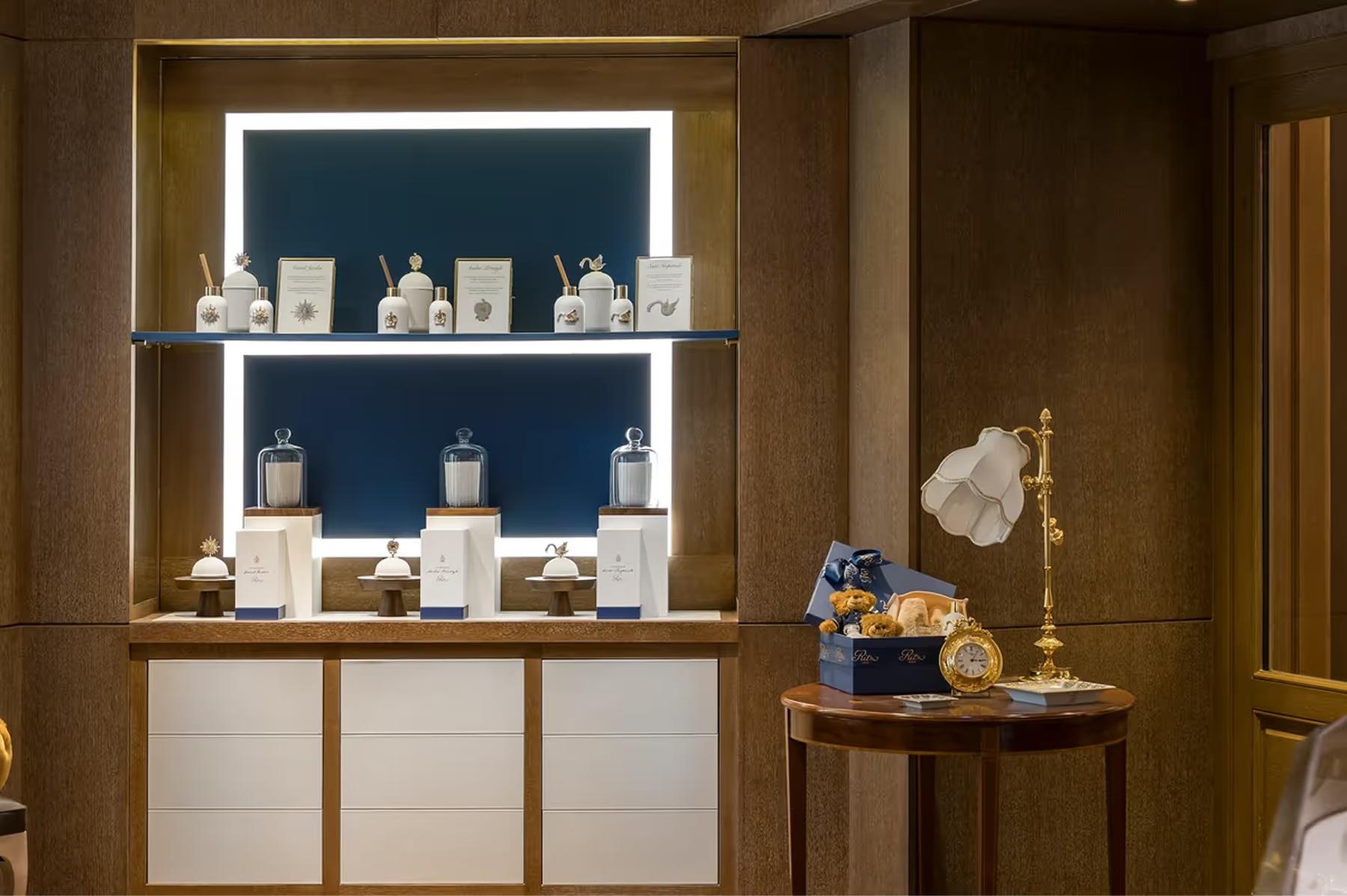 Ritz Paris: a luxury retail display with illuminated shelving showcasing beauty and jewelry products
