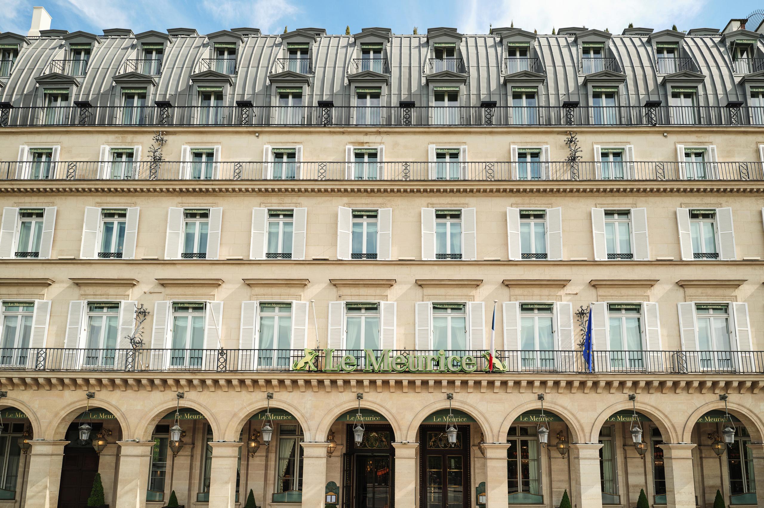 Le Meurice: the historic Beaux-Arts facade of the hotel, a cream-colored palazzo with mansard roof