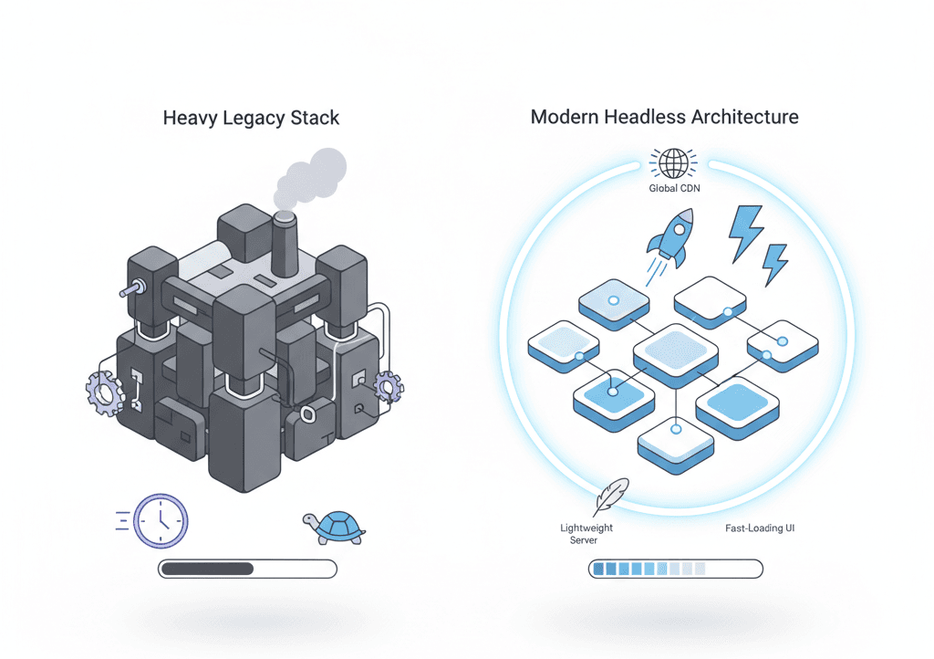 Comparaison entre une architecture monolithique et une architecture headless moderne - expertise Grande Charte en développement de sites web headless au Maroc