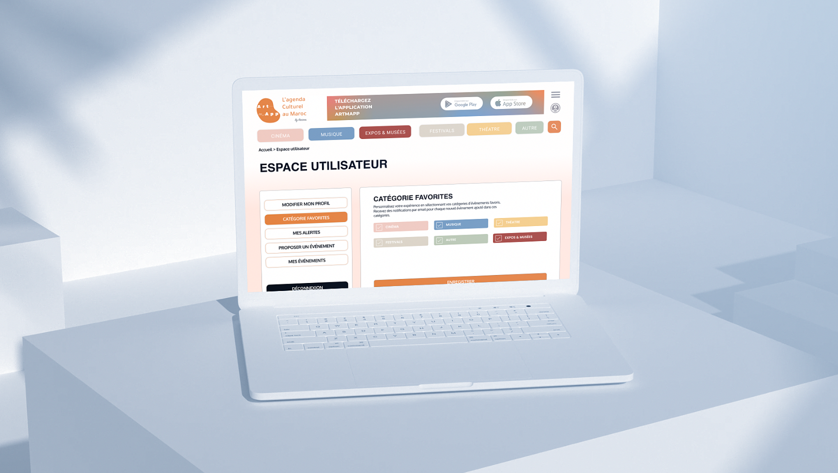 Espace utilisateur Artmapp : catégories favorites, profil et alertes personnalisées sur ordinateur