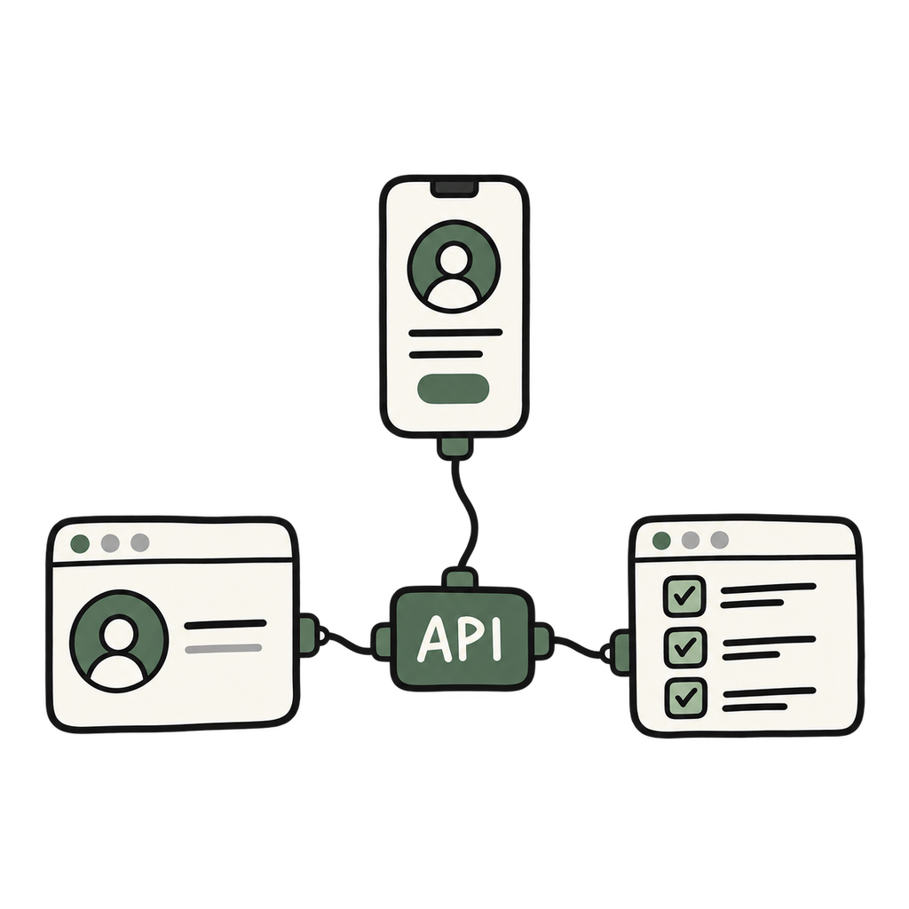 Illustration présentant api et intégrations avec des éléments d’interface