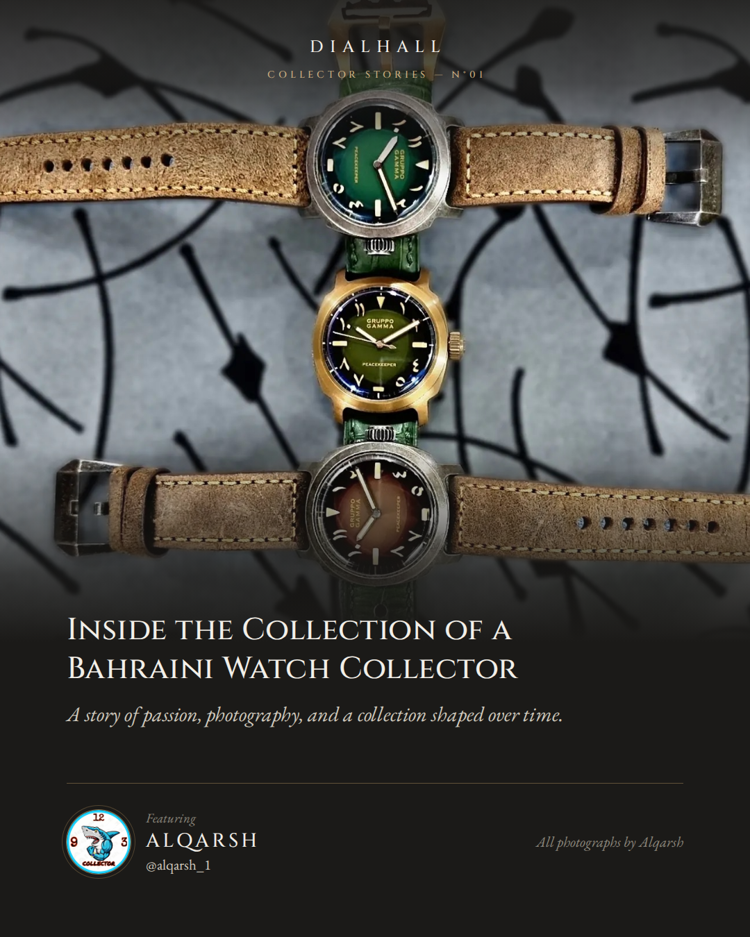 Collector Stories N°01 cover: three of Al Qarsh's watches on leather straps