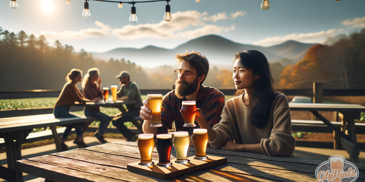 Two friends sharing a craft beer flight on a sunny taproom patio in Asheville, NC, with Blue Ridge Mountain views in the background.