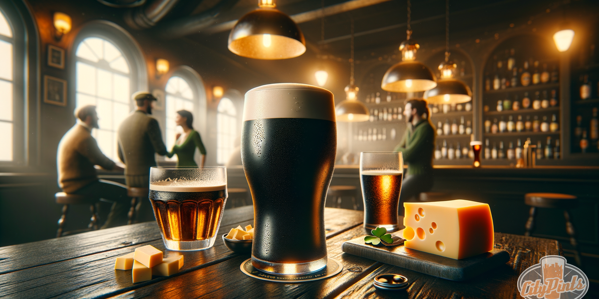 A perfectly poured pint of Irish dry stout with a creamy head on a dark wooden bar in a warm, cozy pub setting