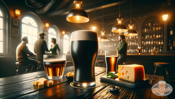 A perfectly poured pint of Irish dry stout with a creamy head on a dark wooden bar in a warm, cozy pub setting