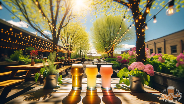 Three craft beers for patio season, a golden pilsner, hazy pale ale, and pink gose, on a sunny brewery patio table with string lights and spring greenery.