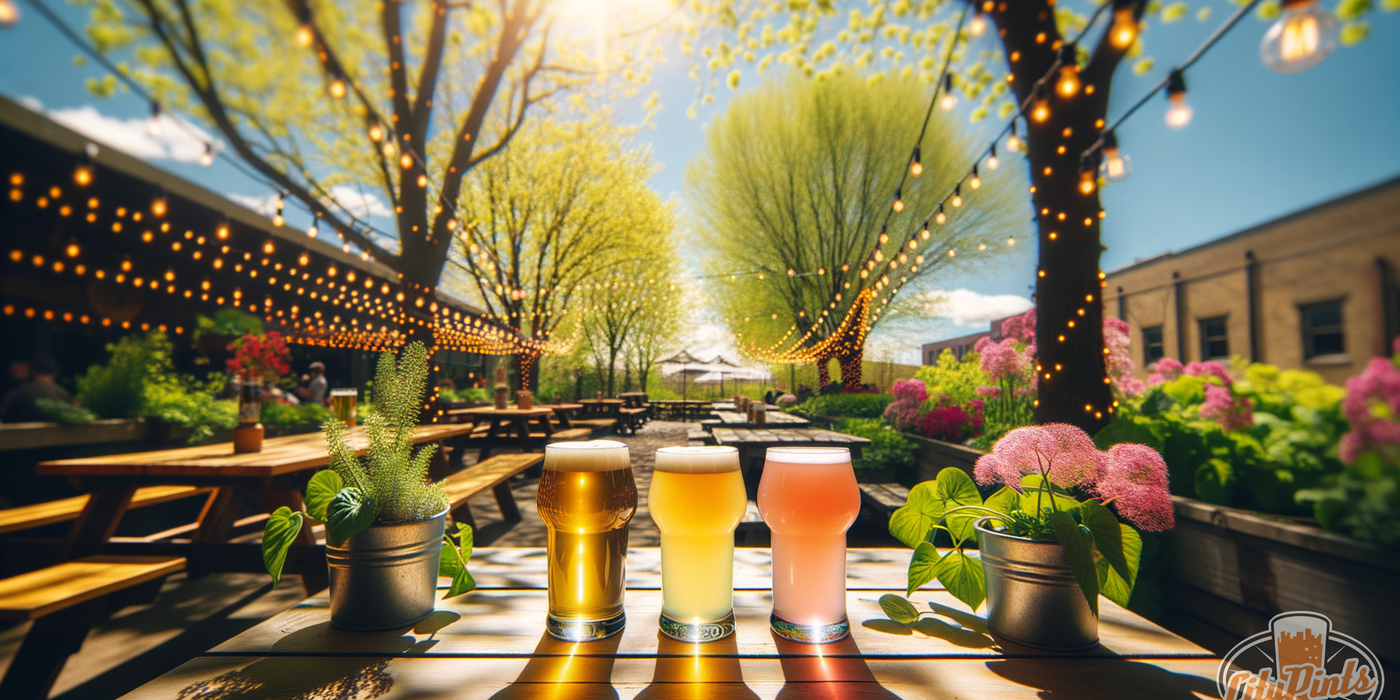 Three craft beers for patio season, a golden pilsner, hazy pale ale, and pink gose, on a sunny brewery patio table with string lights and spring greenery.