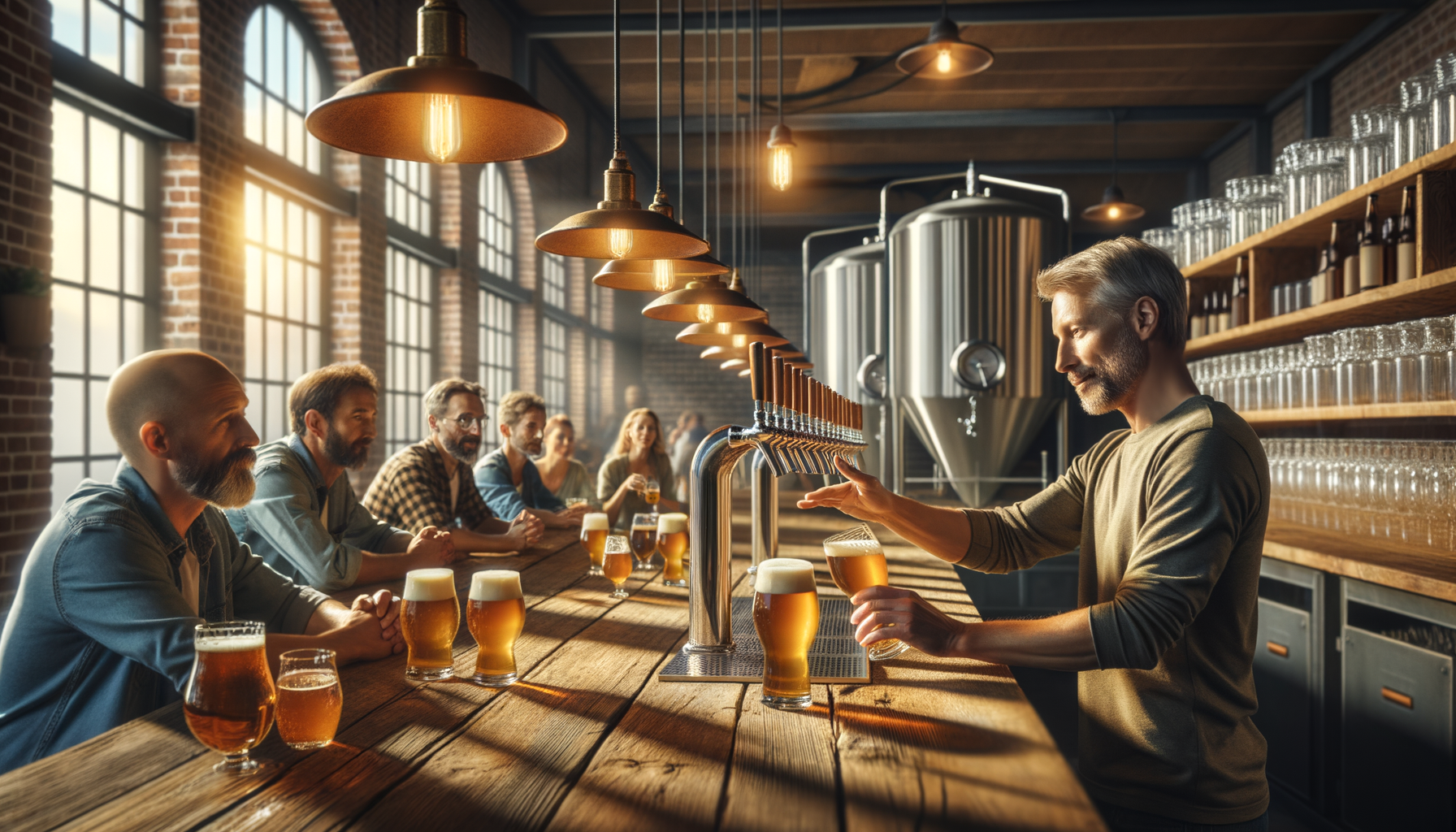 A bartender pours the first draft at a new craft brewery taproom with warm spring light streaming through large windows.