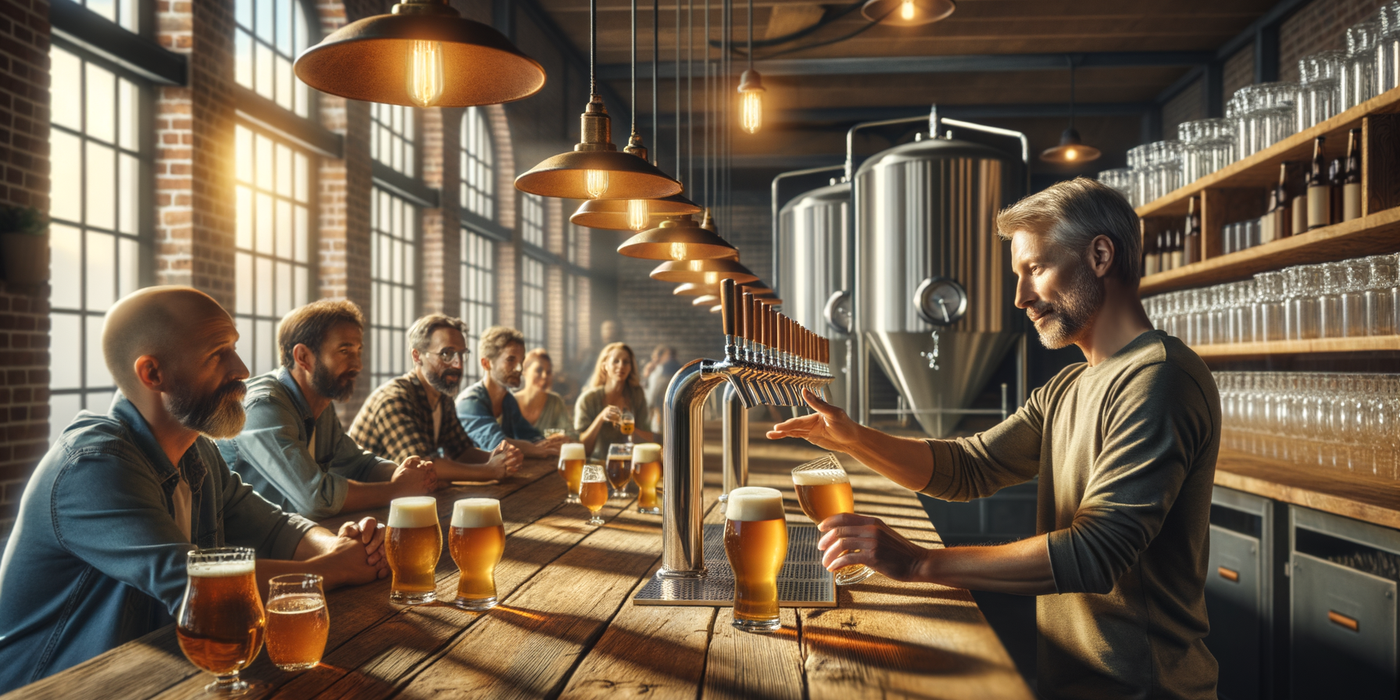 A bartender pours the first draft at a new craft brewery taproom with warm spring light streaming through large windows.