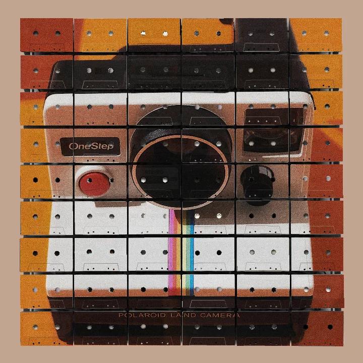 Studio artwork study of a vintage instant camera spread across a square grid of cassette faces