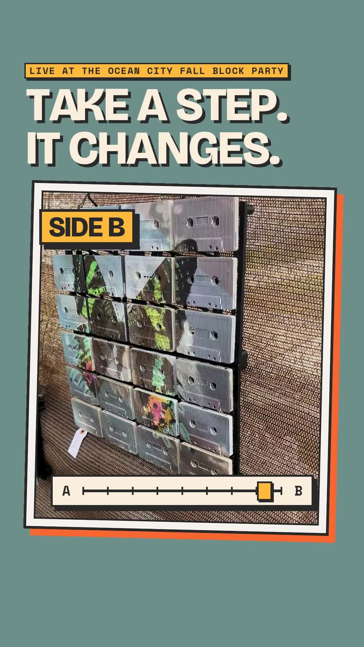 The same wall-mounted cassette mosaic from another position showing a green and dark butterfly, in a demonstration still labelled Side B