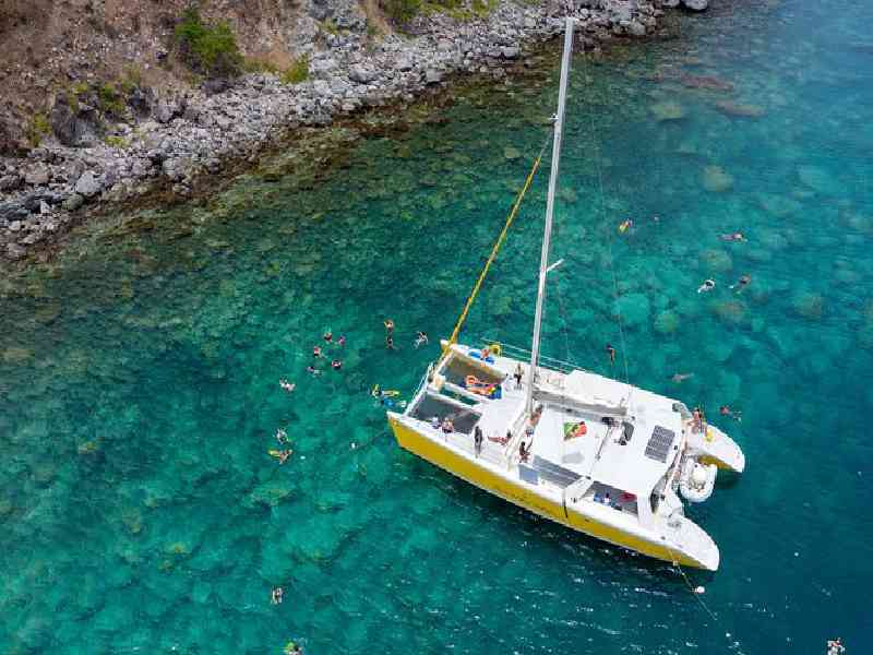 Cruise along the scenic coastline of Saint Kitts aboard a luxury catamaran