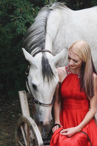 Girl in red dress with horse 